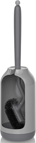 HAMITOR Toilet Bowl Brush Holder Set: Bathroom Deep Cleaning Toilet Cleaner Scrubber Under Rim with Curved Bristle for Dead Corner Clean - Hidden Rv Toilet Decorative Accessories with Caddy- Gray