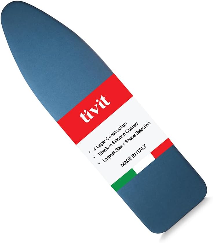TIVIT Ironing Board Cover 13 x 45, Performance Grade Titanium Coated Pro Grip Pad & Covers - Superior Scorch & Stain Resistance, High Heat Reflection, 3 Padded Layers 3 Fastener Straps - Made In Italy
