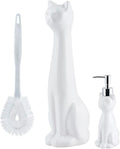 Allure Home Creation Cat 3-Piece Ceramic Toilet Brush Holder & Soap Dispenser - White Plastic Scrub Brush Included