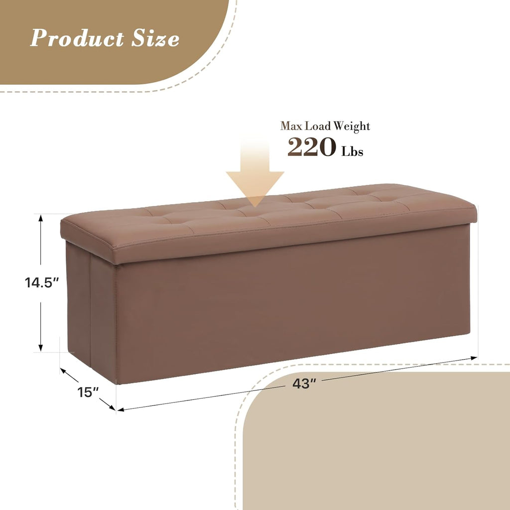 Athena Collection 43" Storage Ottoman Bench Folding Bench with 130L Hidden Storage, Large End of Bed Bench PU Leather Foot Rest Stool Chest with Flipping Lid for Living Room, Bedroom, Entryway, Brown