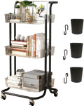 3 Tier Rolling Cart with Metal Handle, Hanging Cups, Hooks, Plastic Storage Baskets & Wheels Lockable, Utility Craft Cart for Bathroom Classroom Office Kitchen Pantry Organizers and Storage, Clear
