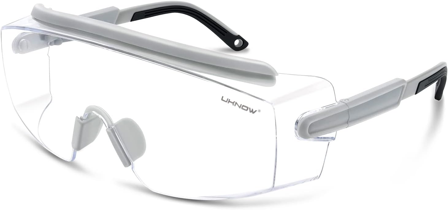 UKNOW Safety Goggles Over Glasses, Safety Glasses Anti Fog Wraparound Eye Protection, Protective Eyewear ANSI Z87.1