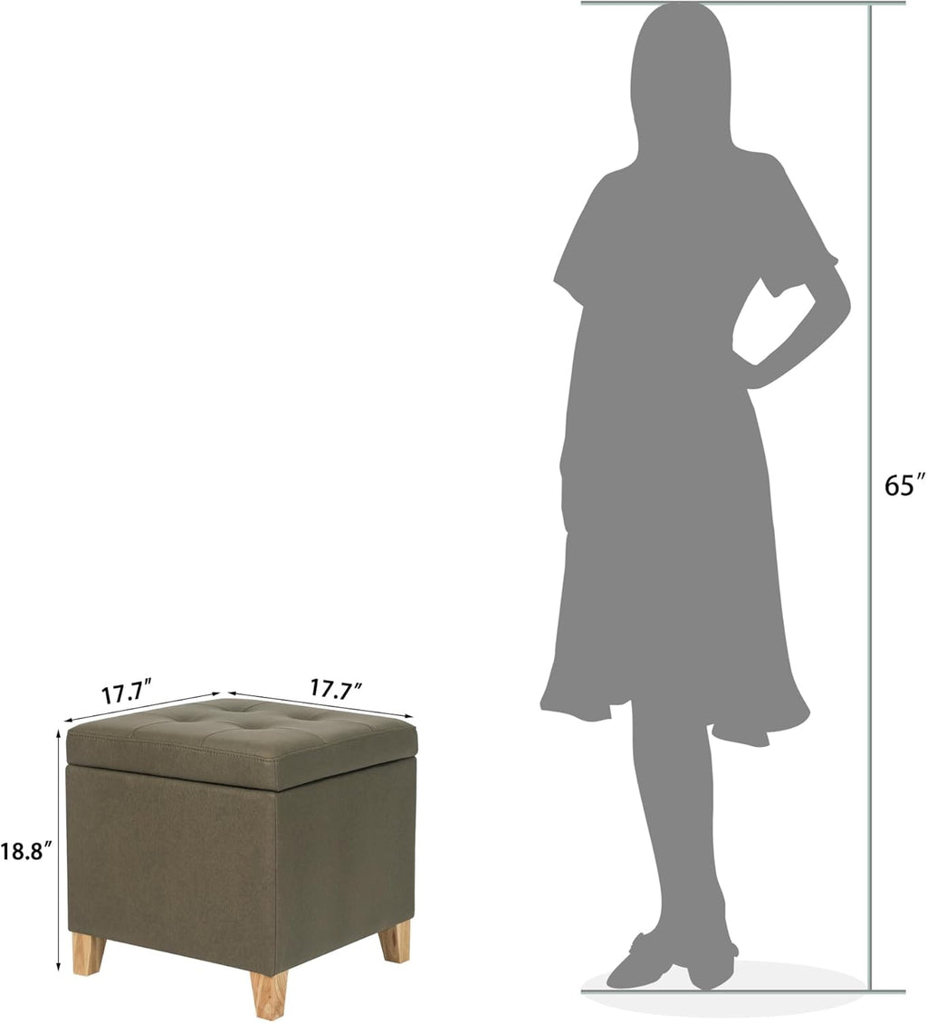 Adeco Fabric Storage Ottoman Bench with Solid Wood Legs, 17.7" Square Olive Green Leathaire Cube Foot Stool, Upholstered Button Tufted Vanity Chair with Hinged Lid for Living Room, Bedroom, Dorm