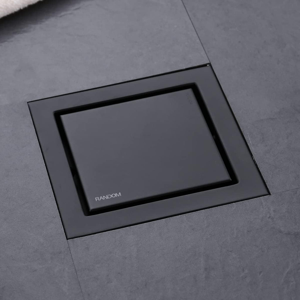 RANDOM Black Shower Drain Square with Removable Tile Insert 6 Inch Drain Cover and Hair Strainer,SUS 304 Stainless Steel Matte Black Shower Floor Drain