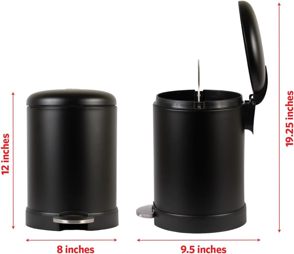 Glad Small Trash Can, 1.2 Gallon | Round Stainless Steel Garbage Bin with Soft Close Lid & Step Foot Pedal | Black Metal Waste Basket with Removable Inner Bucket, Matte Black