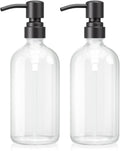 AmazerBath Soap Dispenser, 2 Pack Glass Soap Dispenser with Stainless Steel Pump, 17 Oz Bathroom Hand Soap Dispensers Bottle for Bathroom & Kitchen, Clear & Black