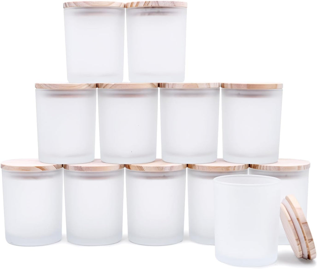Thick Candle Jars for Making Candles 12 Pcs, 7 OZ Empty Jars with Wood Lids for Candle Making, Sample Container, Frosted White