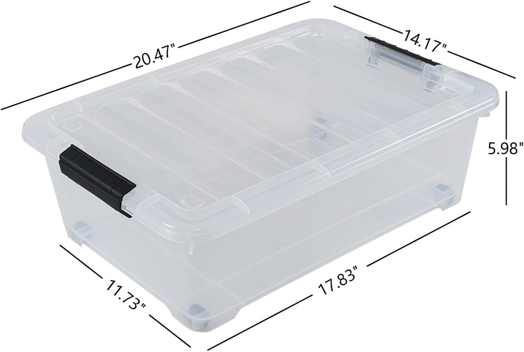 4 Pack 20 L Plastic Under Bed Storage Box with Lid, Clear Plastic Storage Bins Under Bed with Wheels