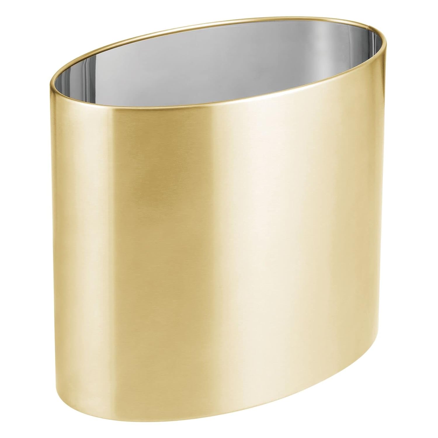 mDesign Stainless Steel Metal Oval Trash Can, 7.9 Liter/2.09 Gallon Wastebasket, Garbage Basket Bin for Bathroom, Bedroom, Kitchen, Home Office, Holds Waste and Recycle, Mirri Collection, Soft Brass
