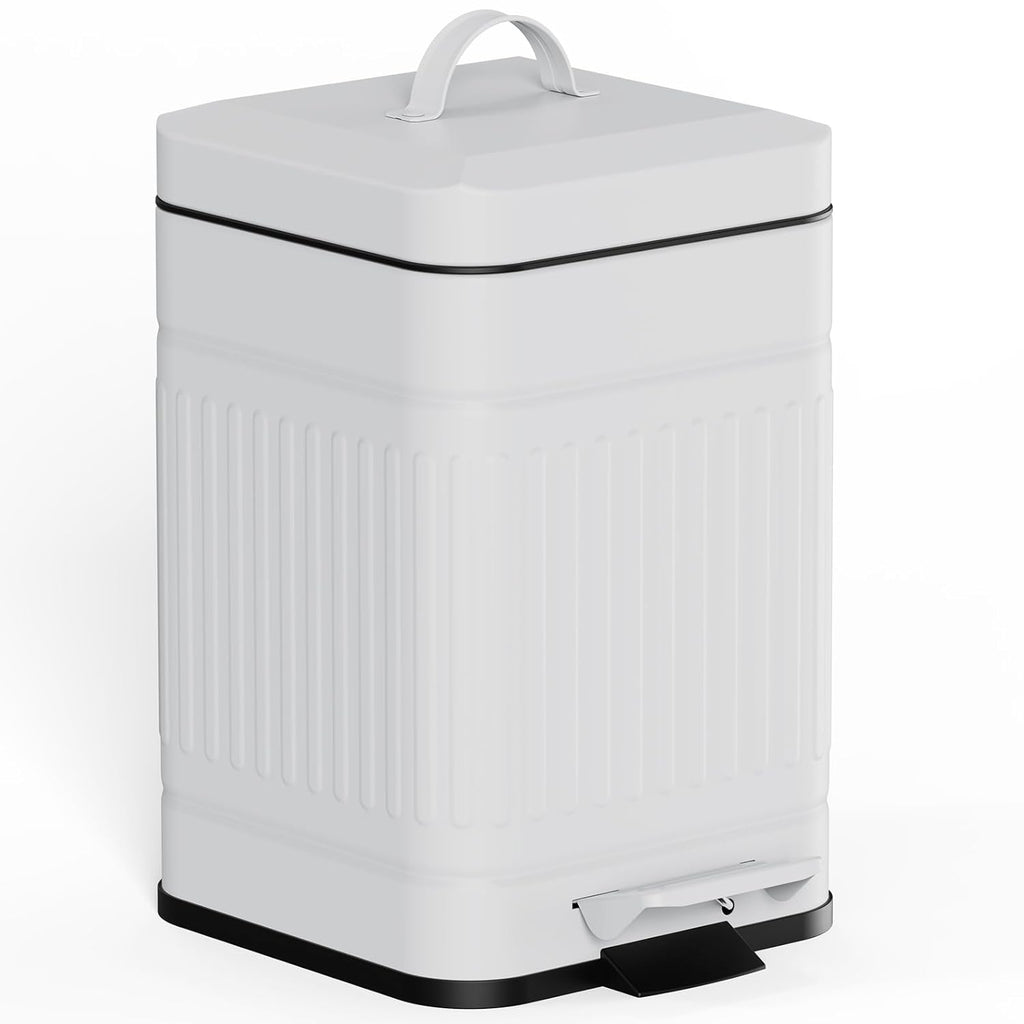 CEROELDA Small Trash Can with Lid-5L/1.3 Gal, Stainless Steel Outdoor Dog Poop Garbage Can-Farmhouse Retro Metal Waste Bin w/Step Pedal for Bathroom Bedroom Office-Soft Close-White