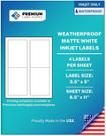 Premium Label Supply Waterproof Matte White Sticker Labels – 3.5" x 5" – Inkjet Printers Only – (4 per Sheet), 25 Sheets - 100 Total Adhesive Labels