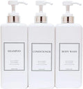 Modern Design Large 27 oz Shampoo and Conditioner Dispensers - Empty Plastic Refillable Pump Bottle Set for Bathroom Shower Soap Dispenser, Set of 3 (White & Silver)