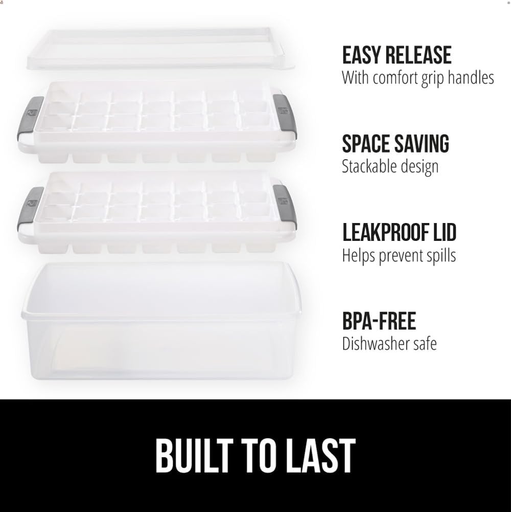 GORILLA GRIP Stackable Ice Cube Tray and Bucket Set for Freezer, Includes 2 Trays with Lid and Scooper, Easy Release, Makes 56 Cubes for Cocktail Soda Coffee, Leak Proof Bin Kit, Kitchen Tool, Gray