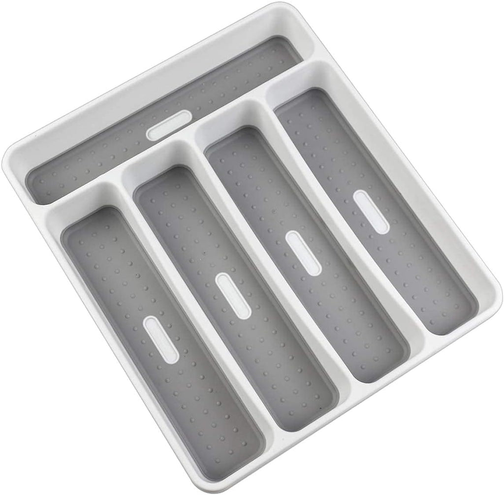 LeMuna Silverware Tray for Drawer, Plastic Cutlery Tray Kitchen Drawer Organizer, 5 Compartment Flatware Cutlery Organizer, Soft-Grip Lining and Non-Slip Rubber Feet