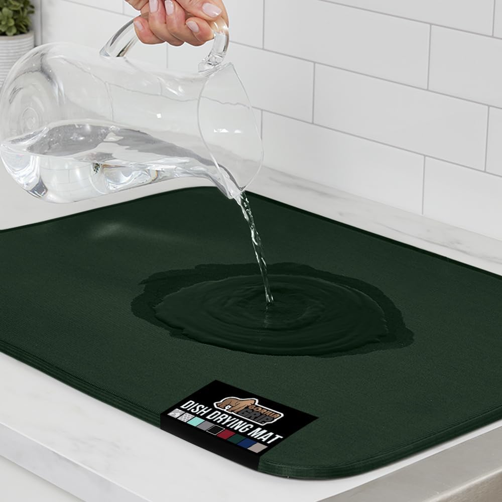 GORILLA GRIP Ultra Water Absorbent Microfiber Dish Drying Mat, 18x32, Quick Dry Thick Mesh, Slip Resistant Pad for Sink Dishes or Under Rack, Kitchen Counter Accessories, Machine Wash, Hunter Green
