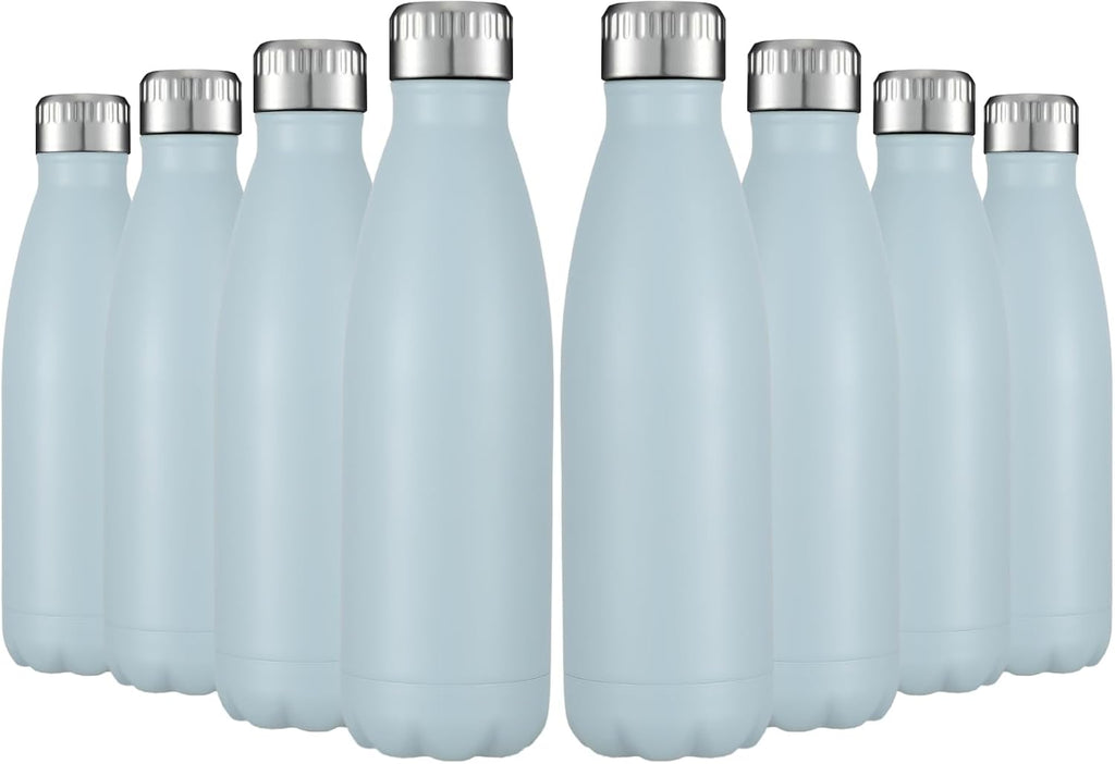HASLE OUTFITTERS 17oz Stainless Steel Water Bottles Bulk, Vacuum Insulated Water Bottles Double Walled Reusable Metal Sports Water Bottles Keep Drinks Hot and Cold, Light Blue, 8Packs