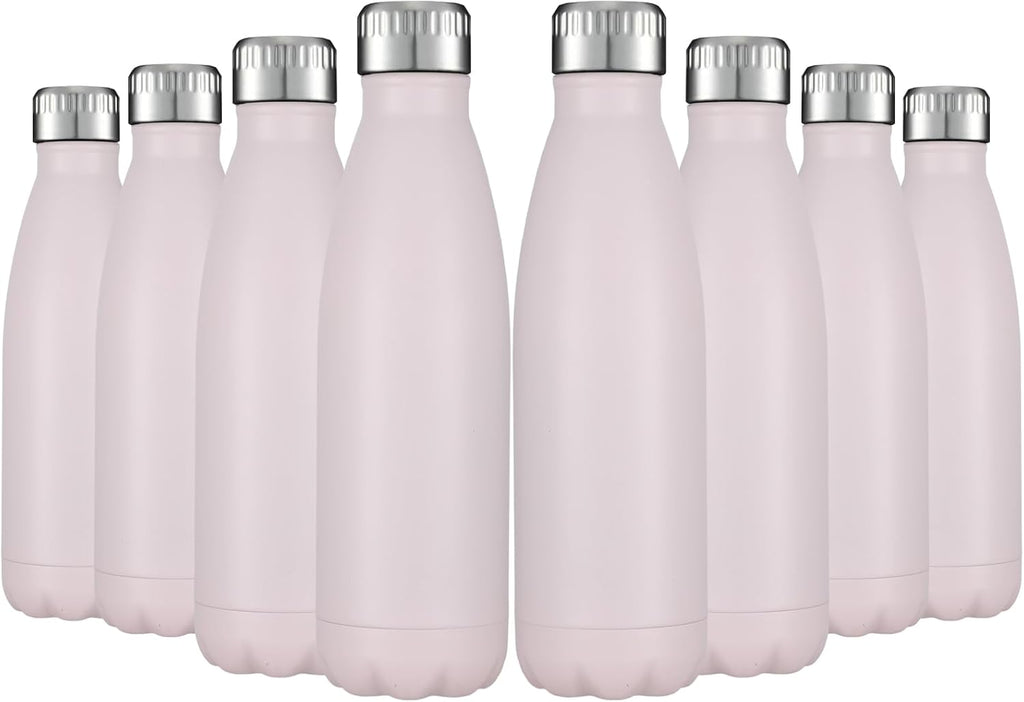 HASLE OUTFITTERS 17oz Stainless Steel Water Bottles Bulk, Vacuum Insulated Water Bottles Double Walled Powder Coated Reusable Metal Sports Water Bottles Keep Drinks Hot and Cold,Pink, 8Packs