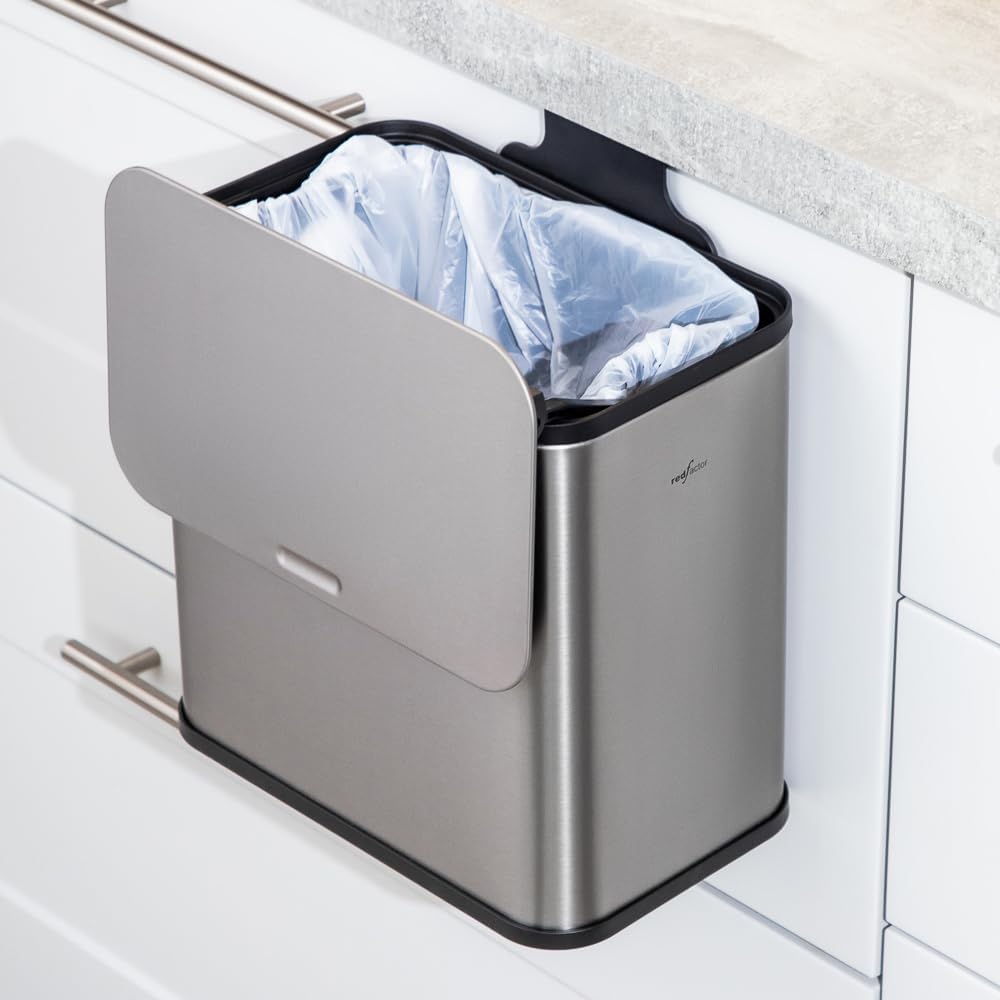 RedFactor Stainless Steel Hanging Trash Can with Lid and Inner Bucket – Slim 1.3 Gallon Odor-Free Compost Bin for Kitchen Cabinet, Countertop, Under Sink, or Bathroom (Metallic Gray)
