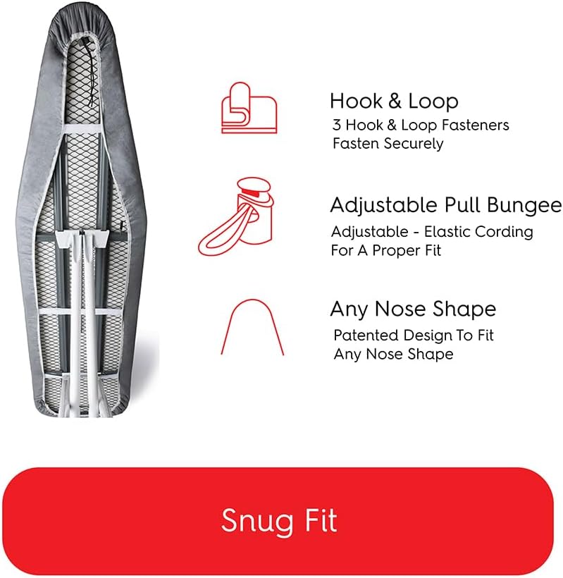 TIVIT Ironing Board Cover 20 x 60, Made in Italy. Pro Grip Pad Covers w/3 Fastener Straps & Pull Bungee Cord - Durable Scorch & Stain Resistant Padded Layers, Heat Reflective AlumiTek PRO Top Coat
