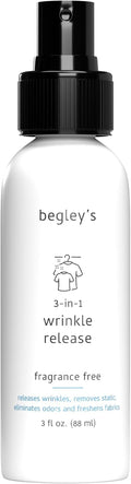 Begley's 3-in-1 Wrinkle Remover, Quick Fix Wrinkle Release, Static Cling Remover, Odor Eliminator and Fabric Refresher Spray - USDA Certified Biobased - Fragrance-Free, 3 oz Travel Size