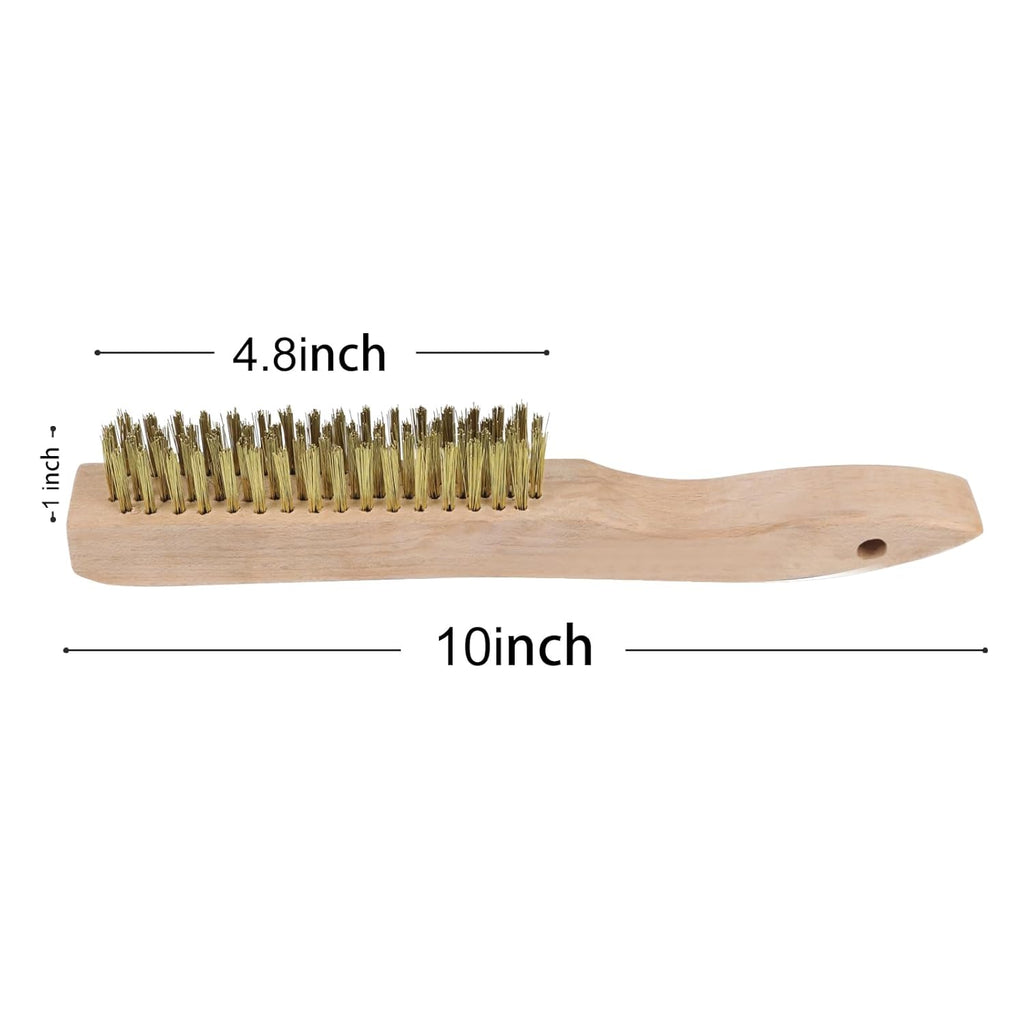 MAXMAN Brass Brush, Heavy Duty Brass Wire Brush Set 2Pcs, Metal Brush, Wire Brushes for Cleaning Rust with 10" Curved Beechwood Handle