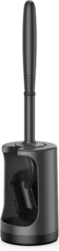 HAMITOR Toilet Bowl Brush Holder Set: Curved Design with Holder for Deep Cleaning Under Rim - Compact Hidden Scrubber for Small Space - Modern RV Bathroom Accessories - Black