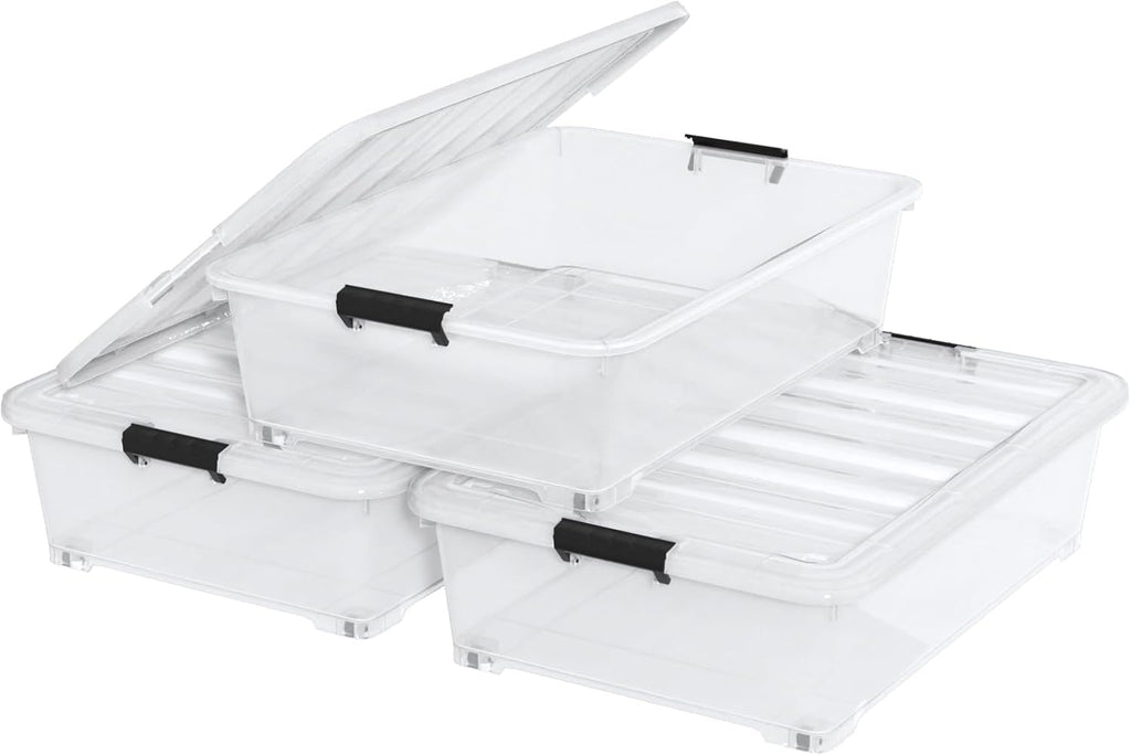 50 Quart Plastic Under Bed Storage Boxes, Clear Under Bed Storage Containers with Wheels, 3-Pack