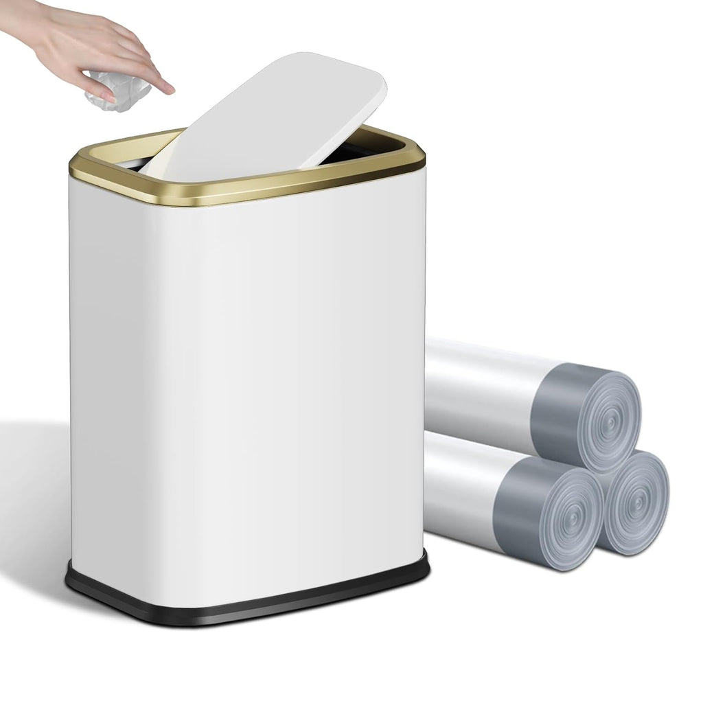 8L/2.1 Gallon Small Bathroom Trash Can with Lid, Swing-Top Rectangular Waste Bin, Stainless Steel Garbage Can for Home, Office, Toilet, Bedroom, Living-Room (White)