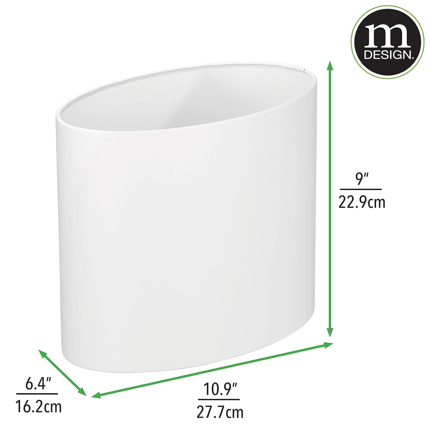 mDesign Stainless Steel Metal Oval Trash Can, 7.9 Liter/2.09 Gallon Wastebasket, Garbage Basket Bin for Bathroom, Bedroom, Kitchen, Home Office, Holds Waste and Recycle, Mirri Collection, White