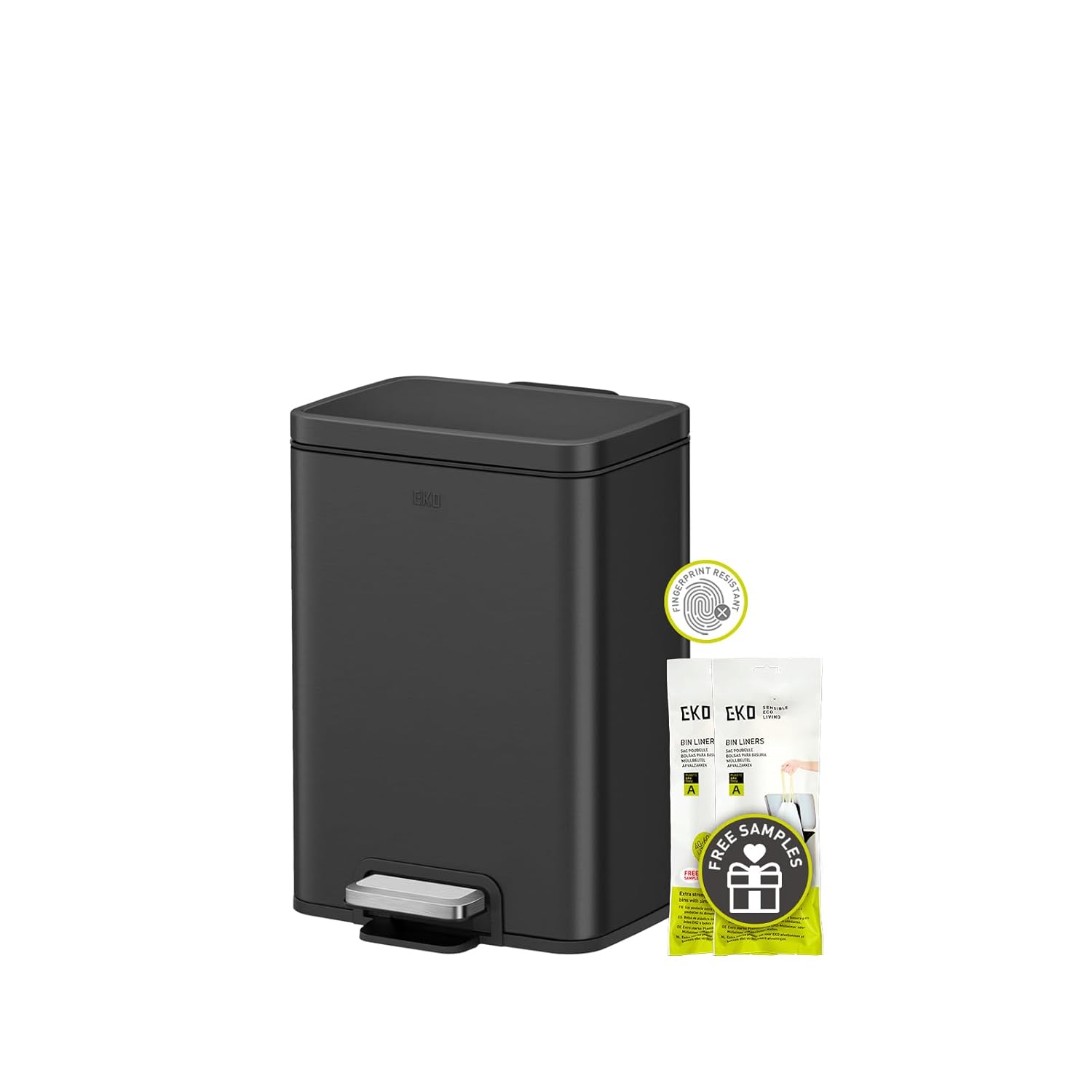 EKO Madison Matte Black 6L / 1.6 Gal Bathroom Trash Can with Lid and Removable Inner Basket, Rectangular Small Step Trash Can, Brushed Stainless Steel