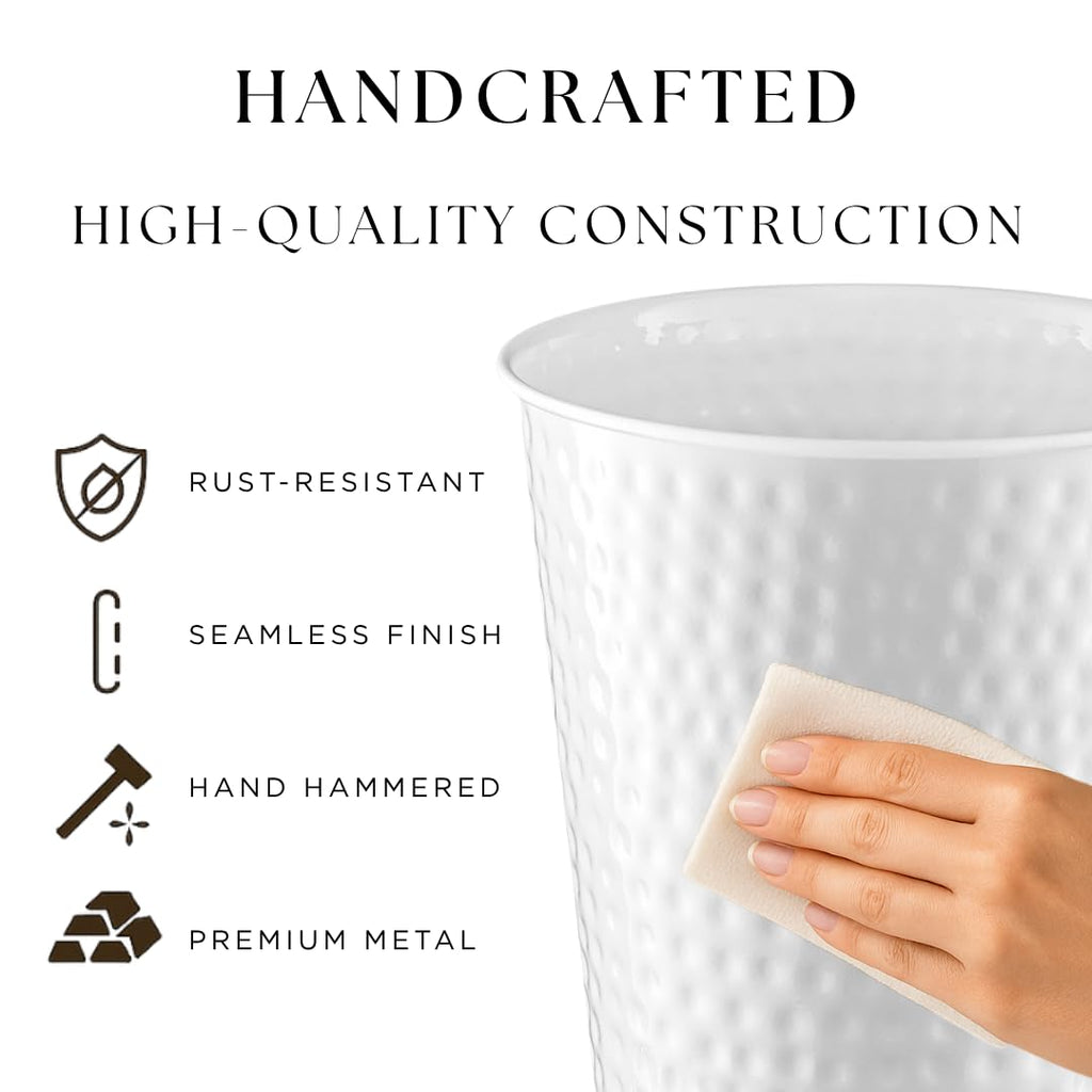 Monarch Abode White Hand Hammered Metal Wastebasket for Home Office Bedroom, Decorative Waste Basket, Modern Bathroom Garbage Can, Durable & Decorative Trash Bin, White Bathroom Trash Can