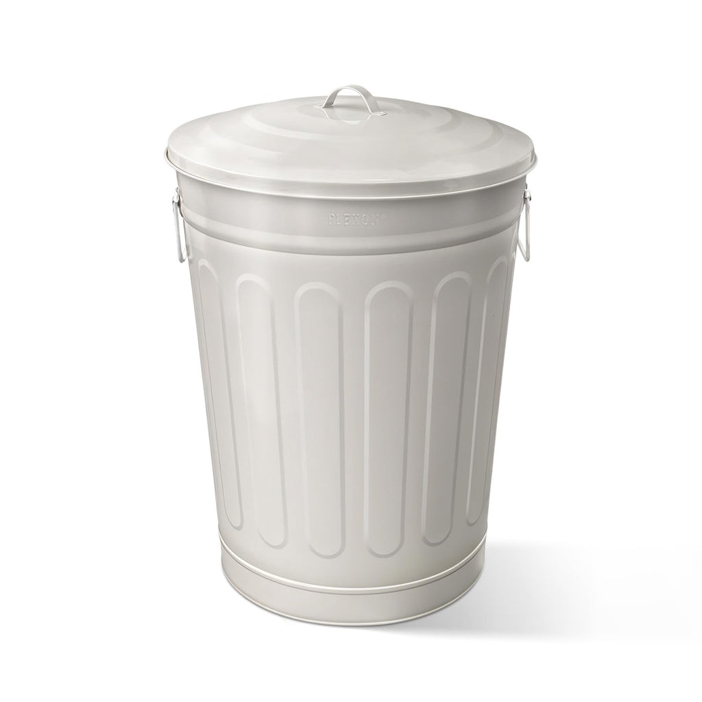 Plexon Round Trash Can 13 Gallon, Vintage Metal Outdoor Trash Can with Lid, Retro Farmhouse Garbage Container, Old School Modern Ash Bucket, Beige