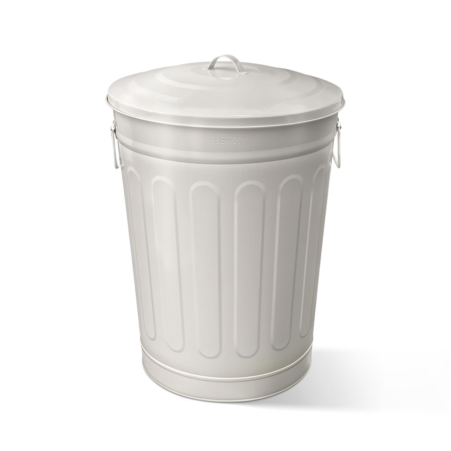 Plexon Round Trash Can 13 Gallon, Vintage Metal Outdoor Trash Can with Lid, Retro Farmhouse Garbage Container, Old School Modern Ash Bucket, Beige
