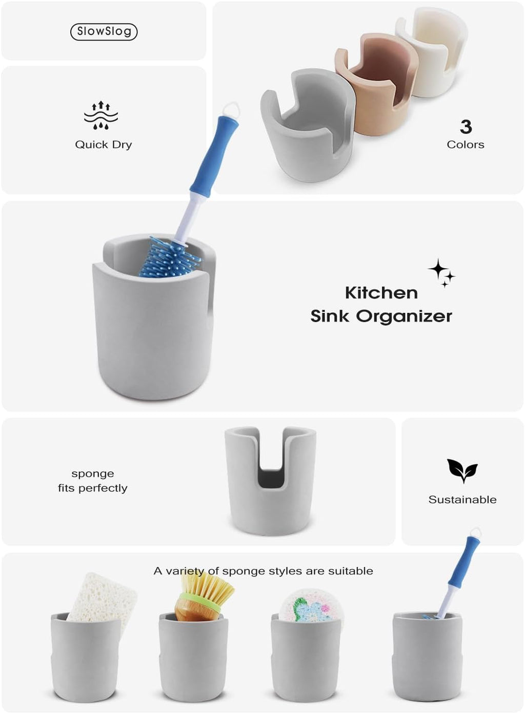 Diatomite Stone Sponge Holder, Quick Dry Dish Sponge Stand for Countertop, Fast Dry Diatomaceous Earth Sponge Holder for Kitchen Sponge, Gray