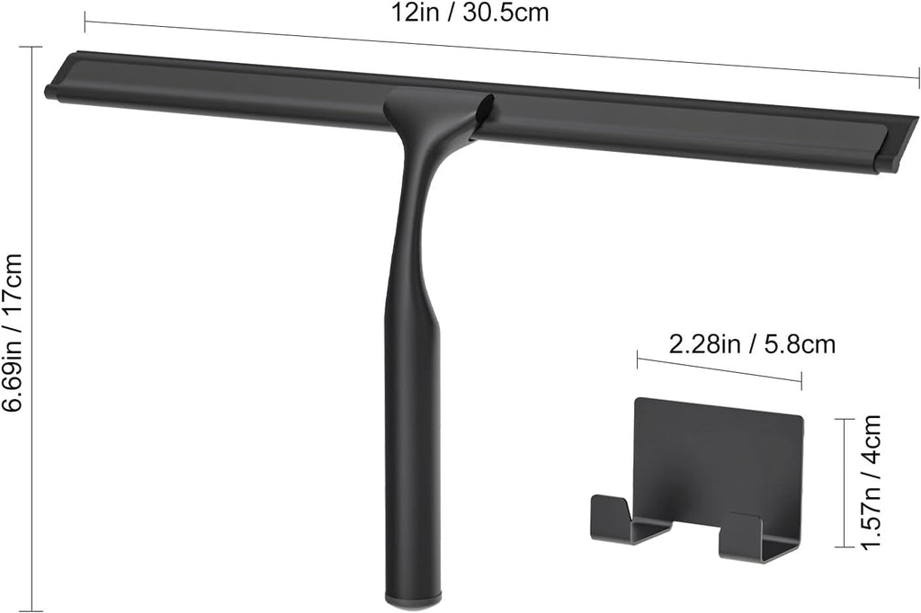 Shower Squeegee for Glass Doors, Shower Squeegee for Tile Shower Walls, Stainless Steel Squeegee for Bathroom, Windows and Mirrors with Storage Hook-12”, Black