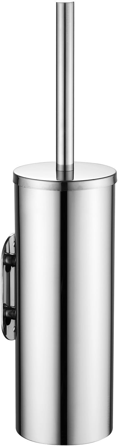 Toilet Brush and Brush Holder, Stainless Steel No-Punch Hook Base Dual Purpose Toilet Brush Holder with Removable Inner Bucket and Splash Cover - Soft Bristles (Chrome)