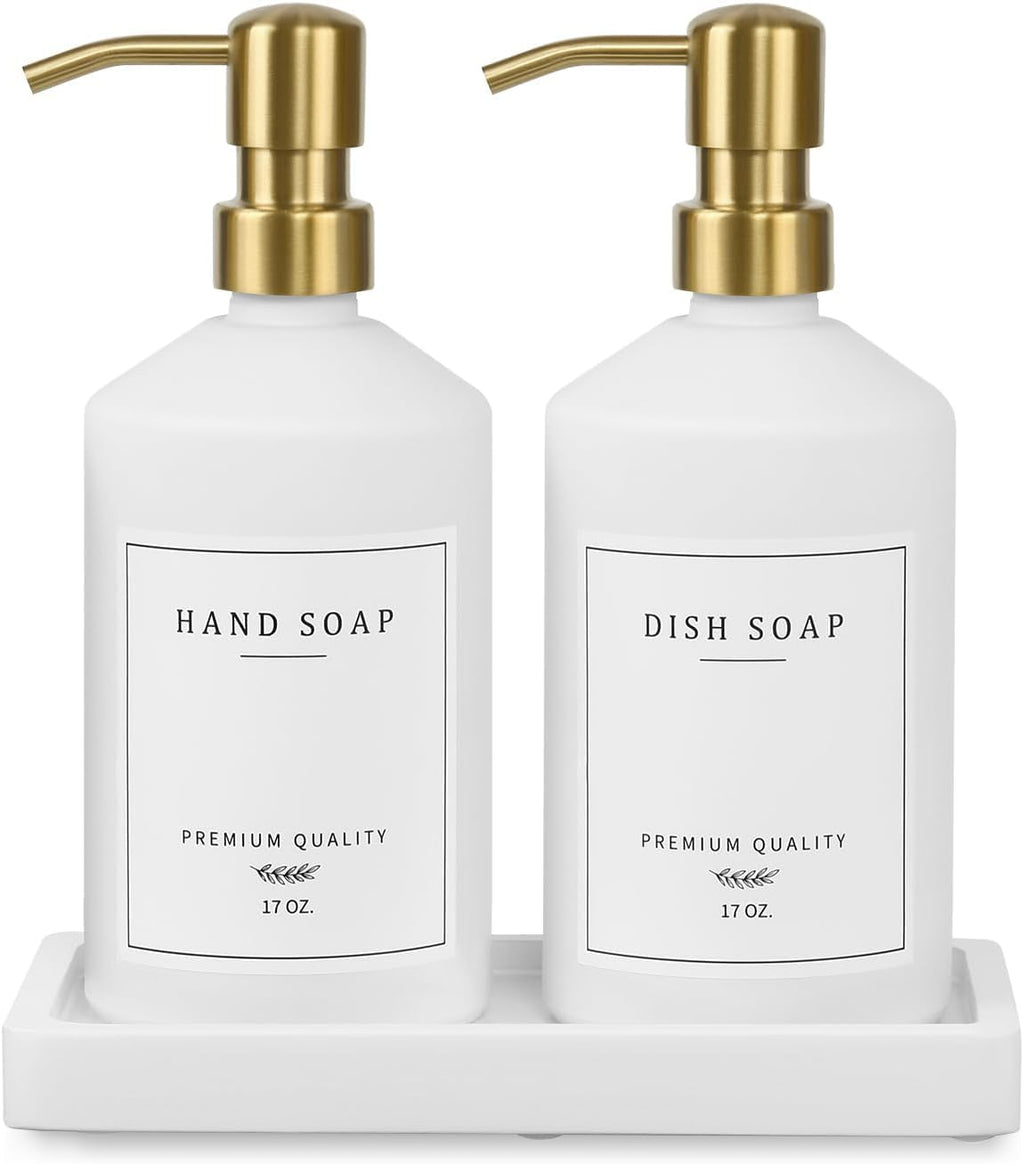 Gold Soap Dispenser Set, Glass Hand and Dish Soap Dispenser Set with Tray,Stainless Pump,14 Stickers for Kitchen Sink,Bathroom Soap and Lotion Dispenser,Modern Counter Decor (White Bottle/Gold Pump)