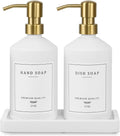Gold Soap Dispenser Set, Glass Hand and Dish Soap Dispenser Set with Tray,Stainless Pump,14 Stickers for Kitchen Sink,Bathroom Soap and Lotion Dispenser,Modern Counter Decor (White Bottle/Gold Pump)