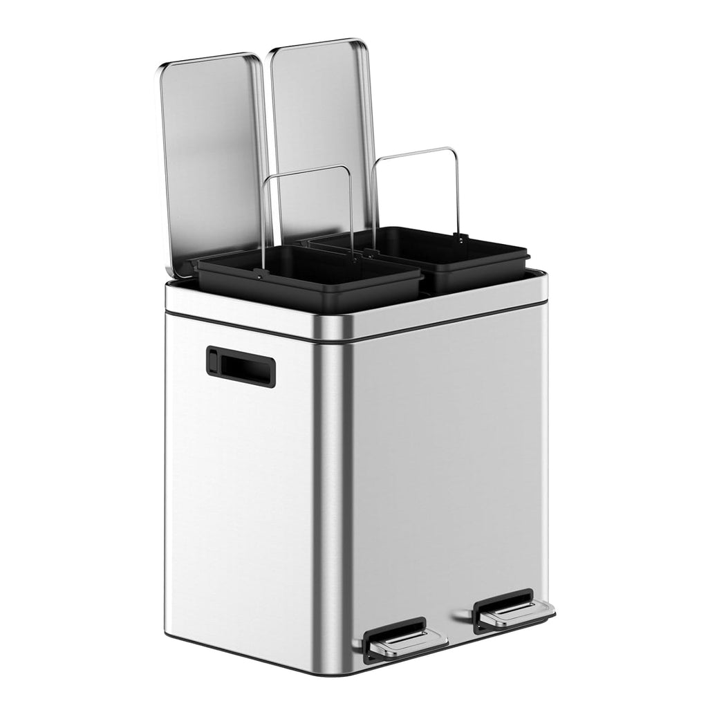 2 x 4 Gal (2 x 15L) Trash Can, Stainless Steel Triple Compartment Step-On Recycling Bin with Soft-Close Lids & Removable Plastic Inner Buckets for Kitchen, Home, Office