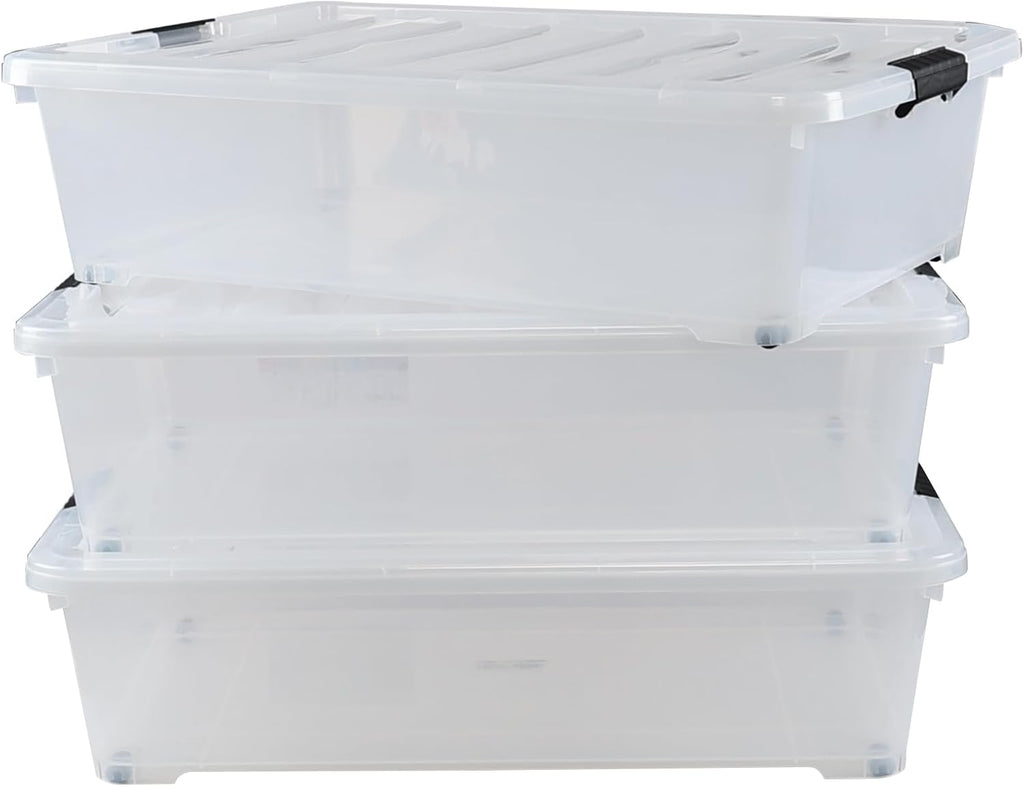 Kiddream 3-Pack 50 Quart Plastic Underbed Storage Bins with Lids/Wheels, Large Clear Storage Box