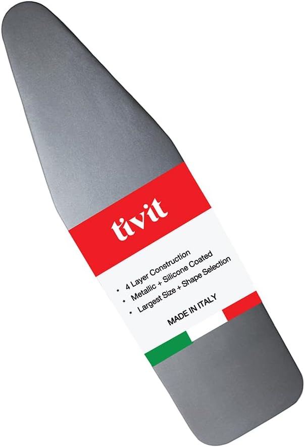 TIVIT Ironing Board Cover 12 x 44, Made in Italy. Pro Grip Pad Covers w/3 Fastener Straps & Pull Bungee Cord - Durable Scorch & Stain Resistant Padded Layers, Heat Reflective AlumiTek PRO Top Coat