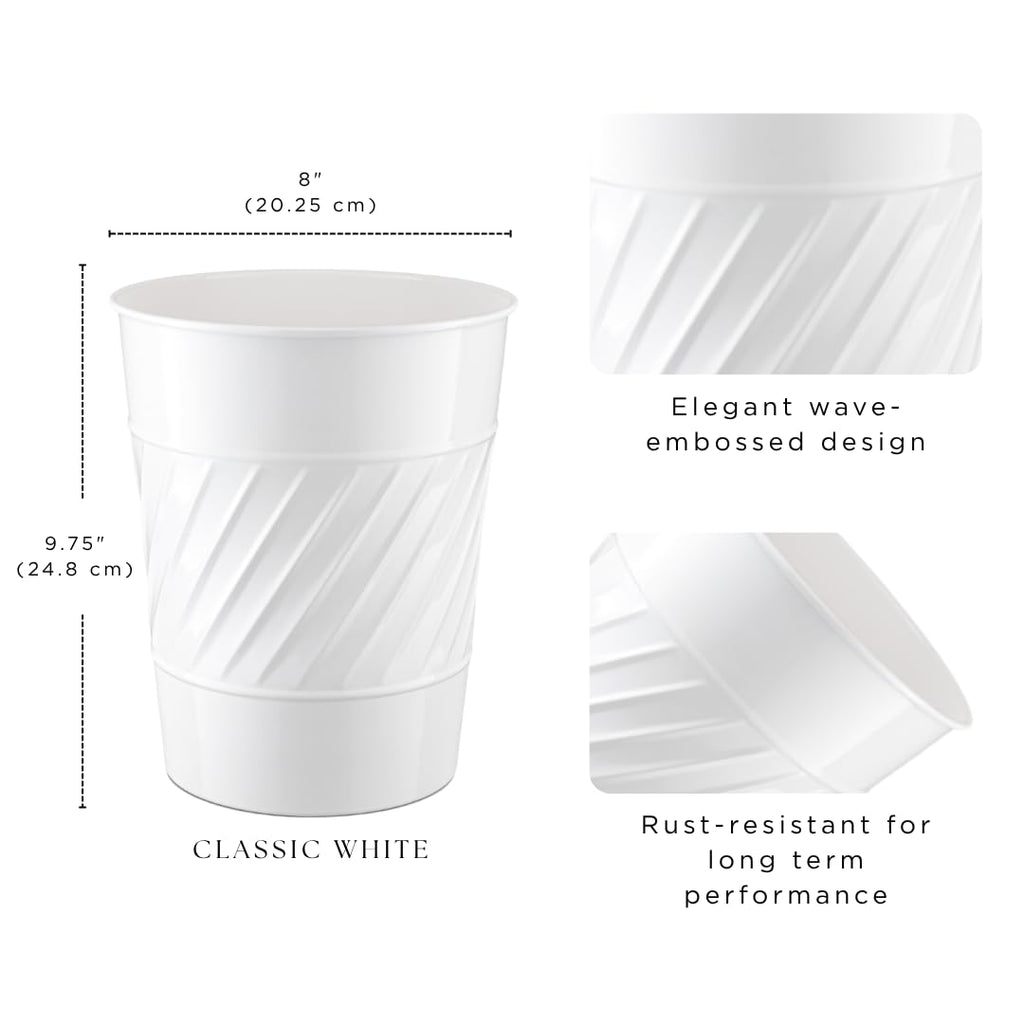 Monarch Abode White Handcrafted Wave Embossed Metal Wastebasket for Home Office Bedroom, Decorative Waste Basket, Modern Bathroom Garbage Can, Durable & Decorative Trash Bin, White Bathroom Trash Can