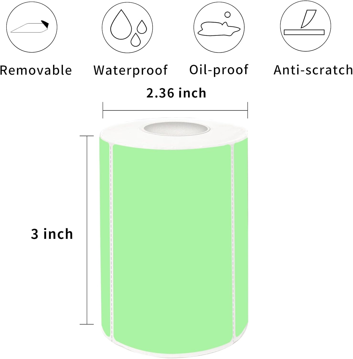 2×3 Inch Green Removable Thermal Labels,Self-Adhesive Square Direct Thermal Labels,300 Sheets per Roll with Perforated Lines