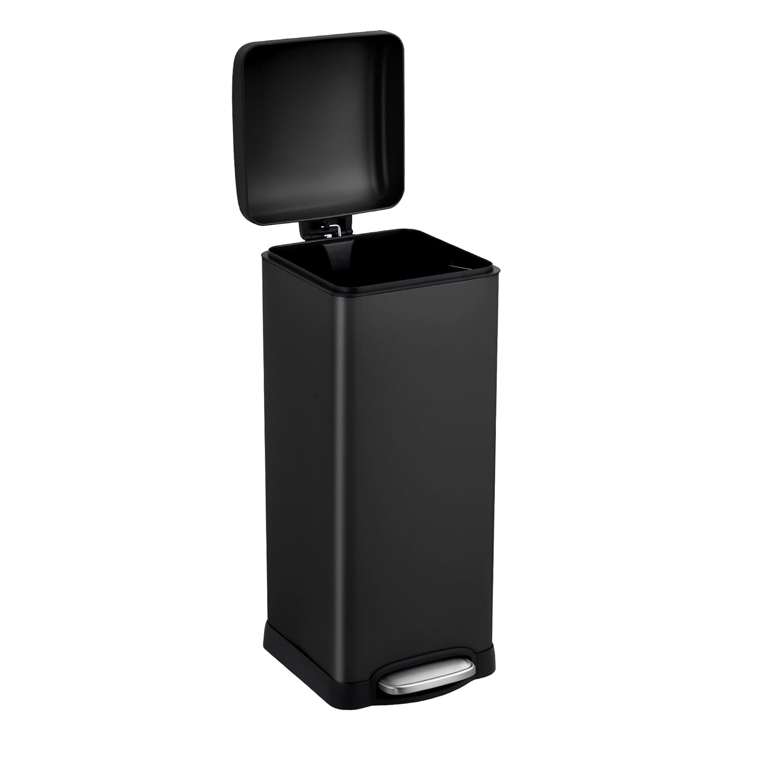 8 Gal/30L Slim Trash Can, Rectangular Step-On Stainless Steel Garbage Can, Soft-Close Lid, Anti-Fingerprint Surface, Recycling Bin with Removable Inner Basket, for Kitchen Dining Room, Black