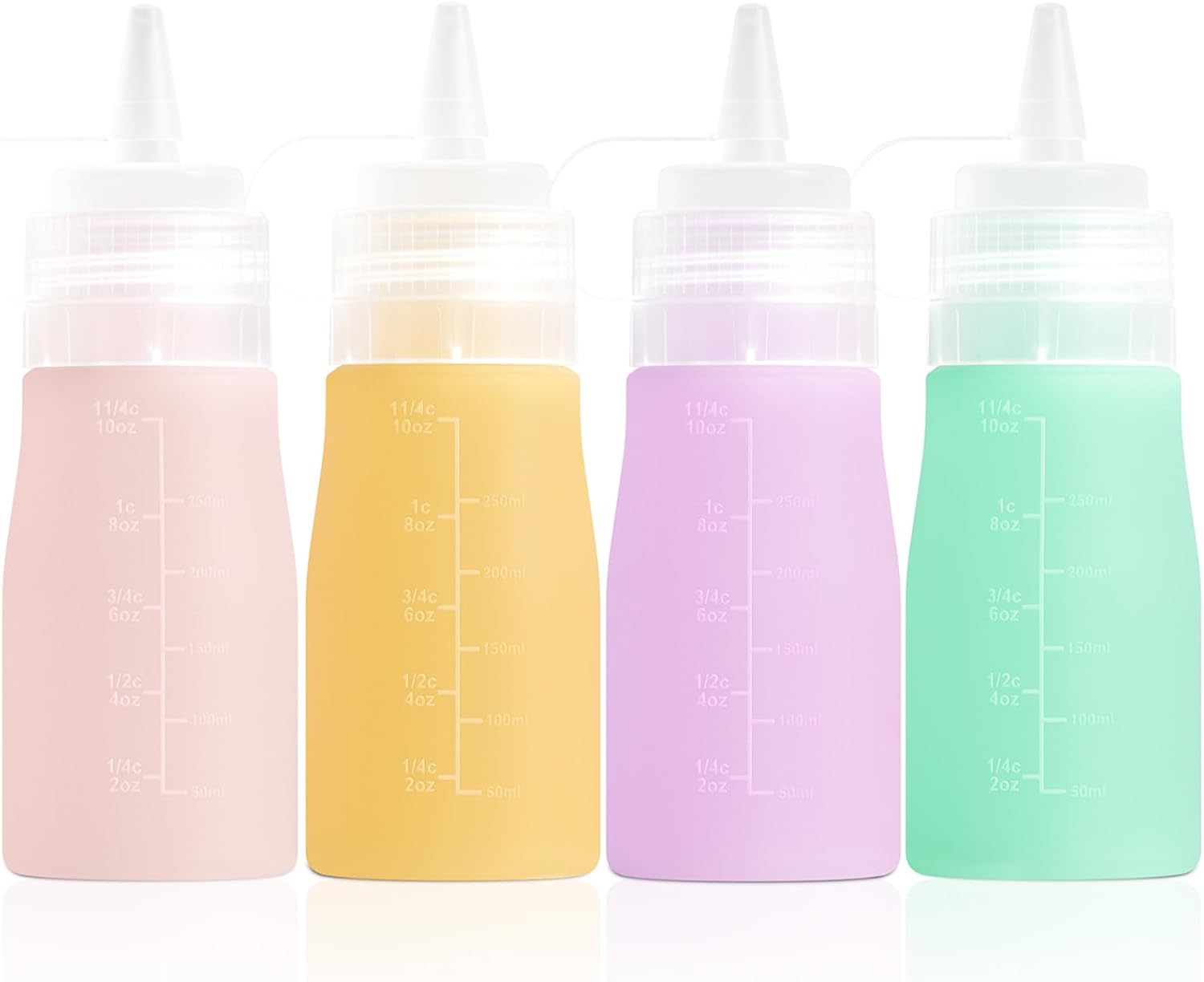 Condiment Squeeze Bottles, 12 oz Silicone Squeeze Bottles For Sauces, Leak Proof Condiment Containers with Extra Interchangeable lid, Easy Squeeze for Oil, Honey & Dressings, BPA FREE (4 Pack)