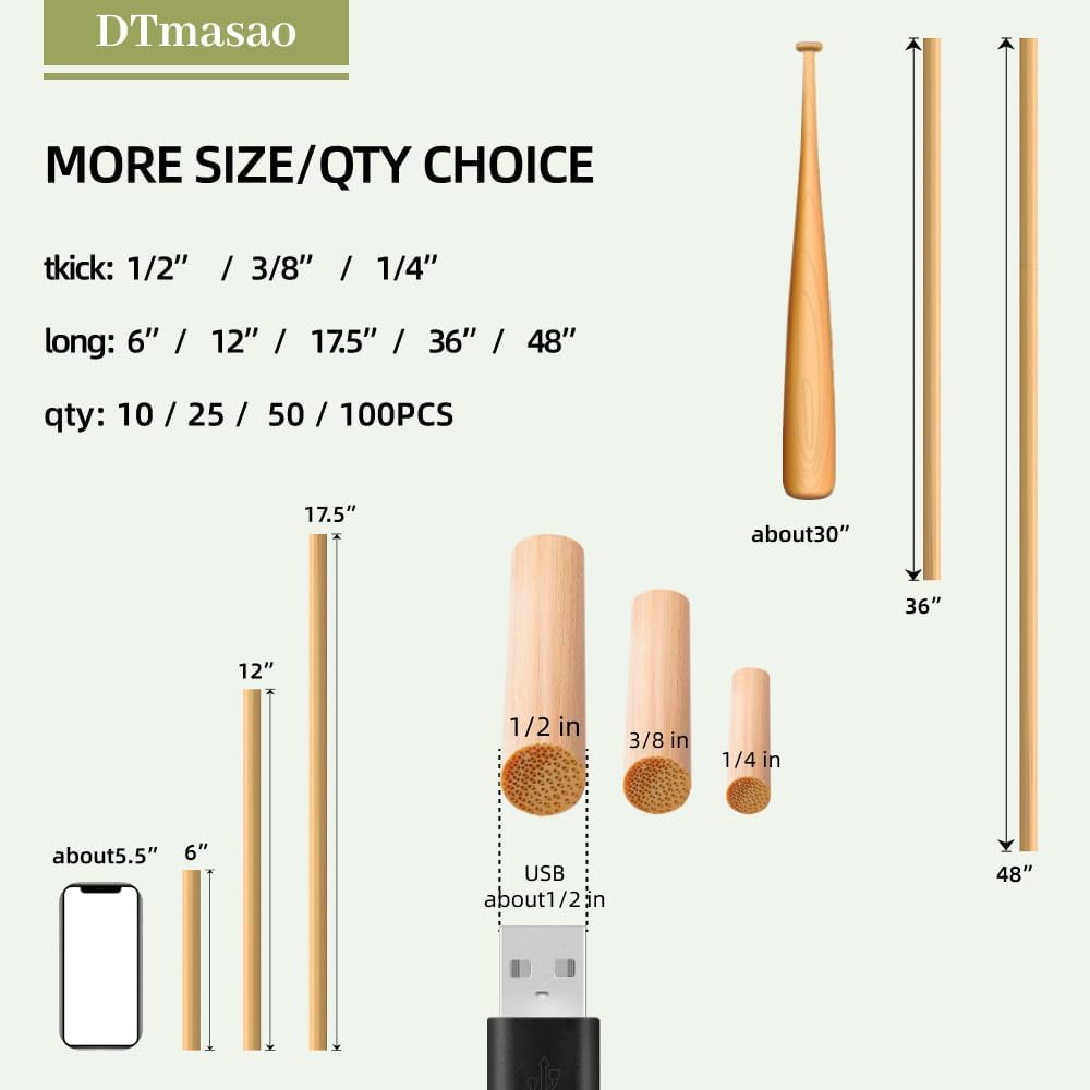 1/4 x 6 Inch 50 PCS Dowel Rods Wood Sticks Wooden Dowel Rods - Unfinished Bamboo Sticks - for Crafts and DIYers