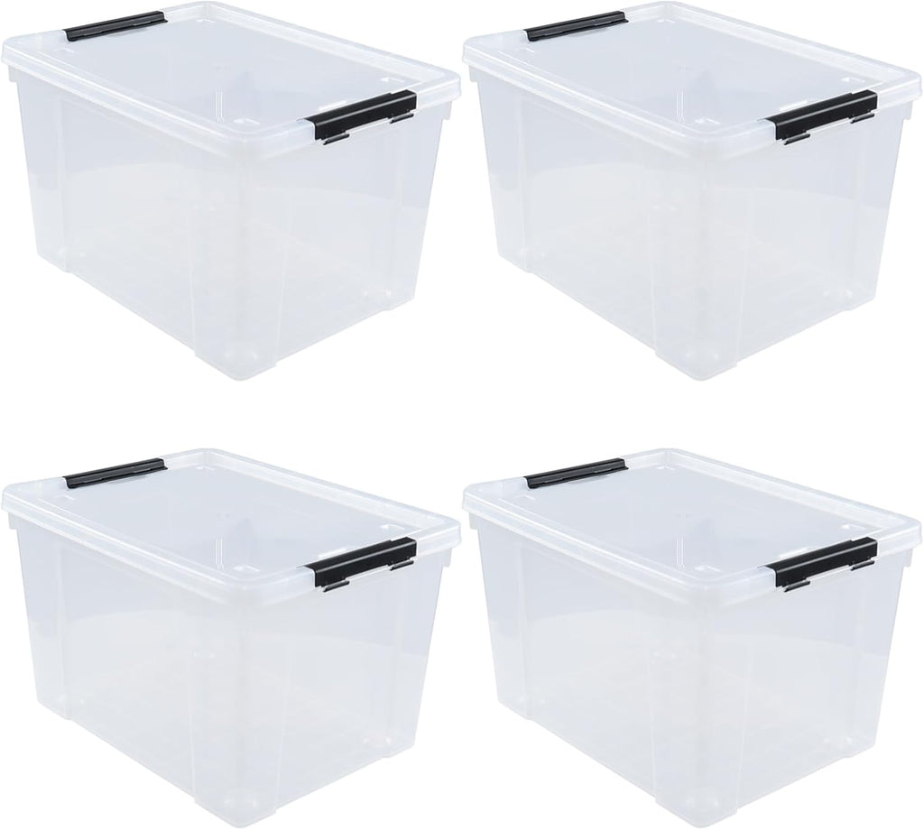 4-Pack 50 L Clear Plastic Storage Bin, Large Clear Latch Box with Wheels