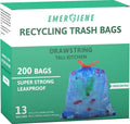 13 Gallon Recycling Trash Bags, 200 Count Drawstring Tall Kitchen Garbage Bags, Pre-Separated, Unscented, Ultra Strong, Leakproof, Sturdy, Translucent Blue
