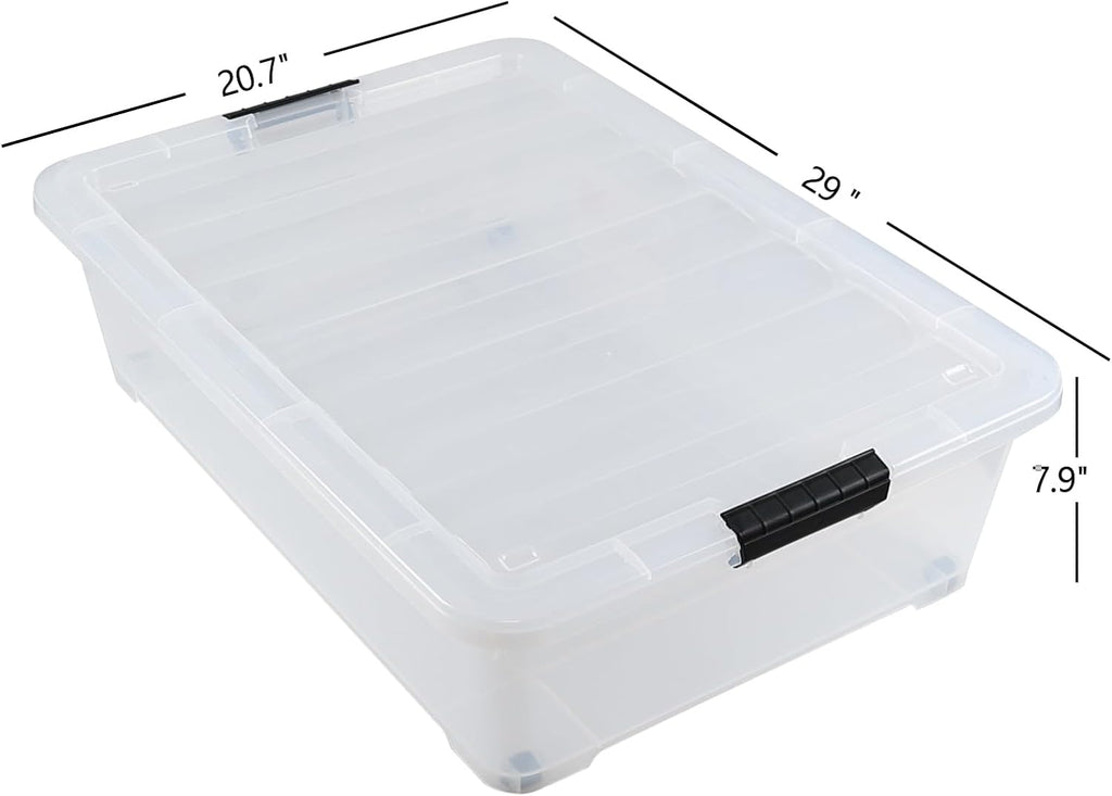 3-Pack 50 Quart Under the Bed Low Profile Storage Boxes, Large Under Bed Storage Bin with Easy Rolling Caster Wheels, Clear