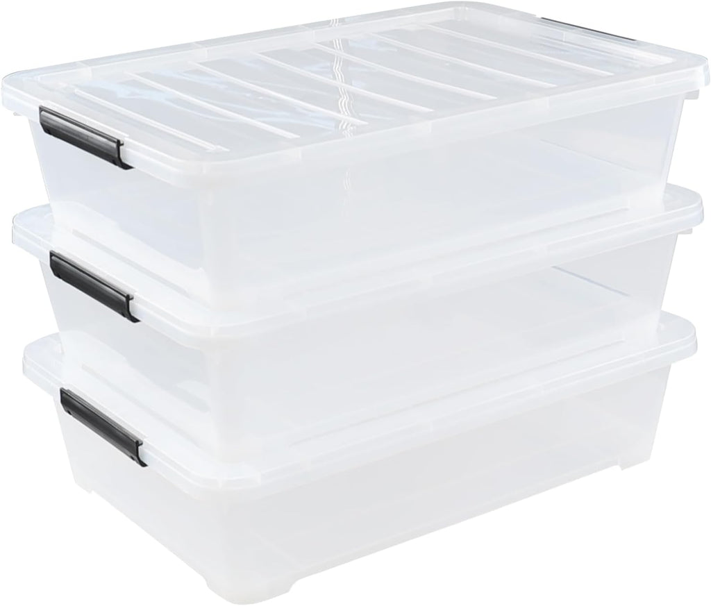 Rosebloom 40 Quart Plastic Under Bed Storage Bins with Lid, Clear Storage Containers Under Bed, 3 Packs